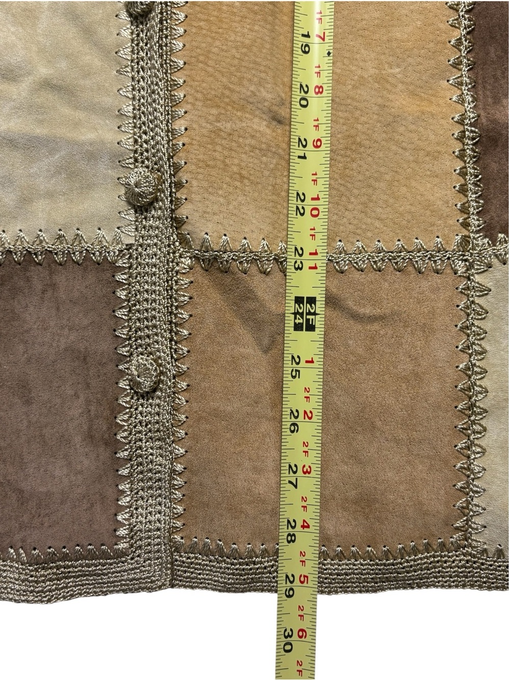 VTG Denim & Co Patchwork Suede Leather Jacket Crochet Trim L Boho - Picture 9 of 12